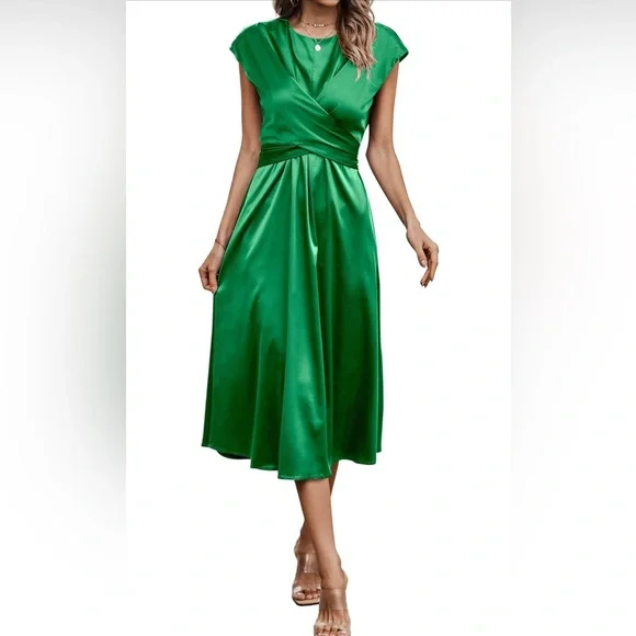 Angashion Kelly Green Satin Dress Sleeveless Cross Front Midi Dress Size Large - Picture 1 of 14